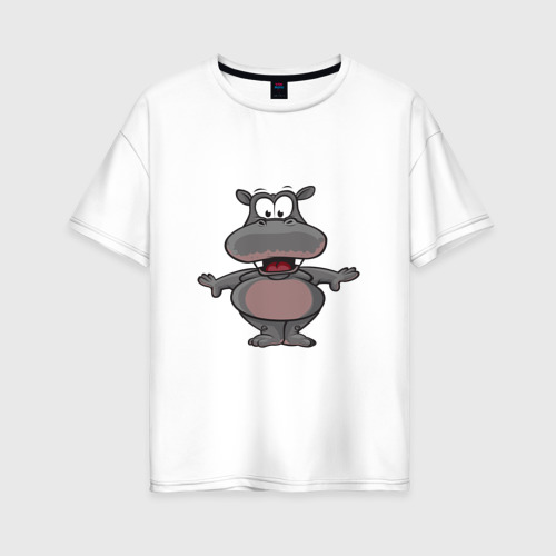 Женская футболка из хлопка оверсайз с принтом Маленький счастливый бегемот, вид спереди №1