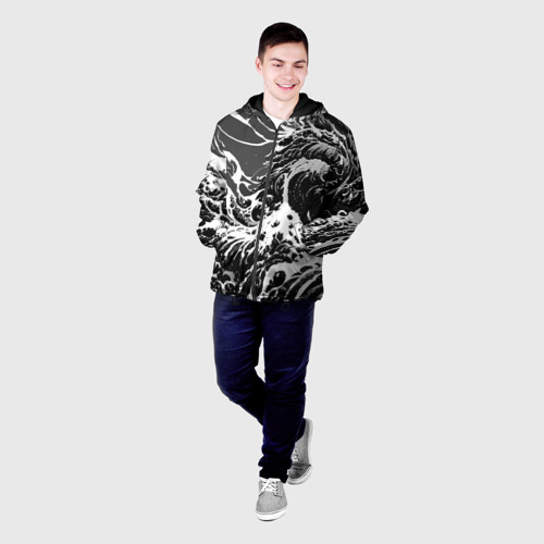 Мужская куртка 3D с принтом Черно-белые волны, фото на моделе #1