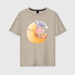 Женская футболка хлопок Oversize Милый мишка спит на месяце