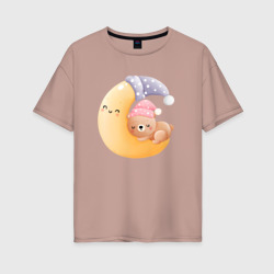 Женская футболка хлопок Oversize Милый мишка спит на месяце
