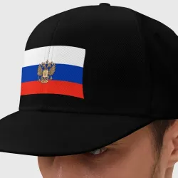 Кепка снепбек с прямым козырьком Герб России на фоне флага