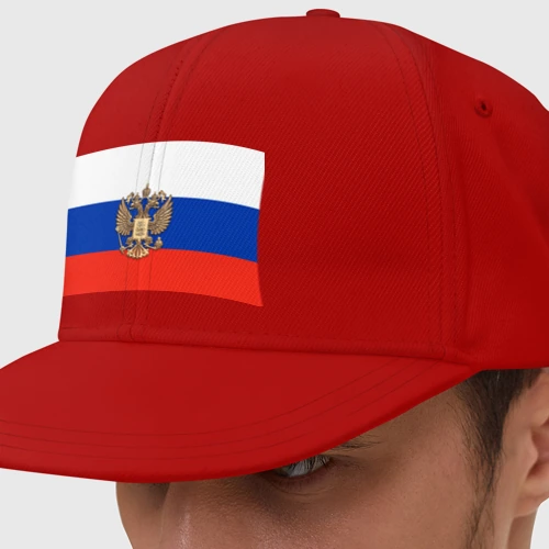 Кепка снепбек с прямым козырьком Герб России на фоне флага