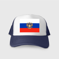 Кепка тракер с сеткой Герб России на фоне флага