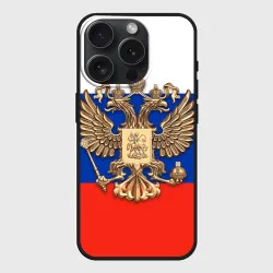 Чехол силиконовый для Apple iPhone 15 Pro Мax матовый Герб России на фоне флага