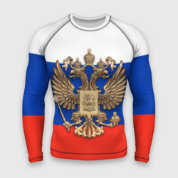Мужской рашгард 3D Герб России на фоне флага