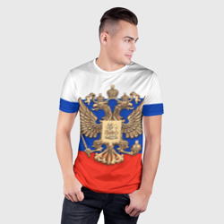 Мужская футболка 3D Slim Герб России на фоне флага - фото 2
