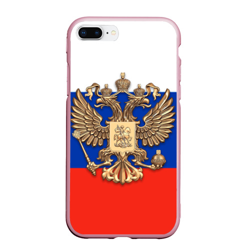 Чехол для iPhone 7Plus/8 Plus матовый с принтом Герб России на фоне флага, вид спереди #2