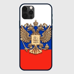 Чехол для iPhone 12 Pro Герб России на фоне флага