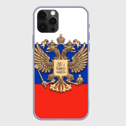 Чехол для iPhone 12 Pro Герб России на фоне флага