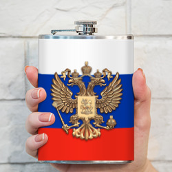 Фляга с принтом Герб России на фоне флага для любого человека, вид спереди №3. Цвет основы: металл