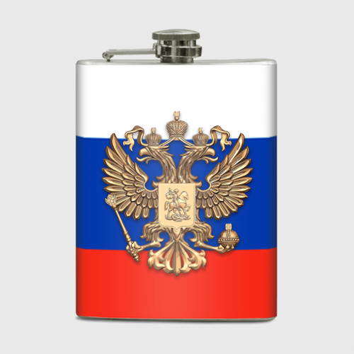 Фляга с принтом Герб России на фоне флага, вид спереди №1