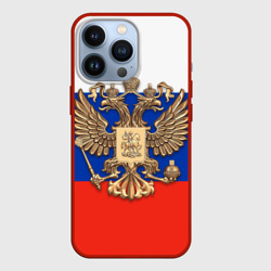 Чехол для iPhone 13 Pro Герб России на фоне флага