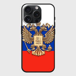 Чехол силиконовый для Apple iPhone 15 Pro матовый Герб России на фоне флага