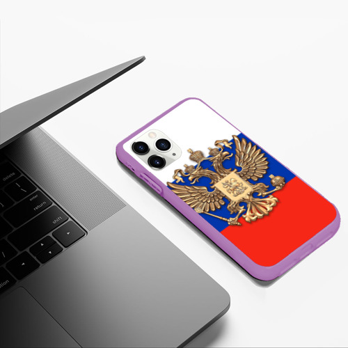 Чехол для iPhone 11 Pro Max матовый Герб России на фоне флага, цвет фиолетовый - фото 5