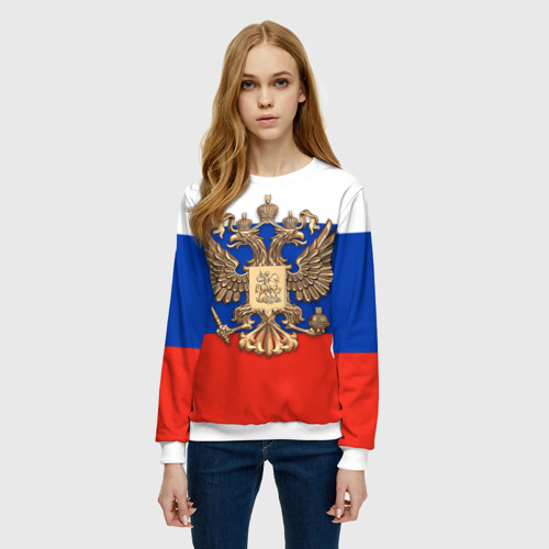 Женский свитшот 3D Герб России на фоне флага, цвет 3D печать - фото 3