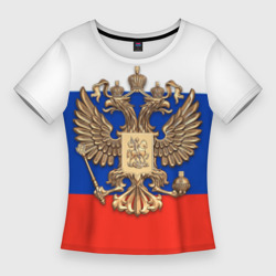Женская футболка 3D Slim Герб России на фоне флага