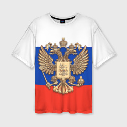 Женская футболка oversize 3D Герб России на фоне флага