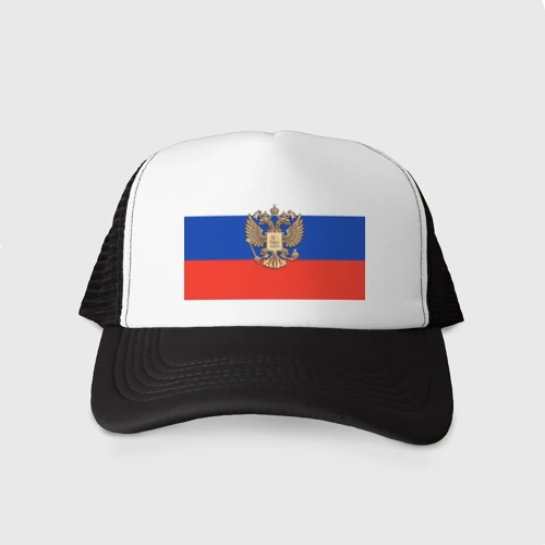 Кепка тракер с сеткой Герб России на фоне флага