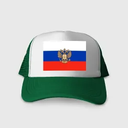 Кепка тракер с сеткой Герб России на фоне флага