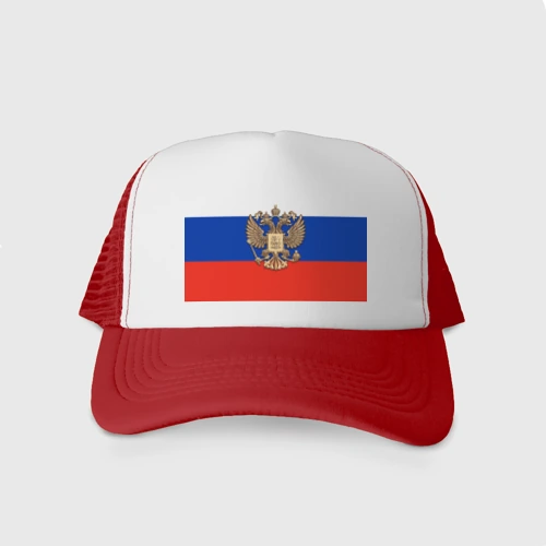 Кепка тракер с сеткой Герб России на фоне флага