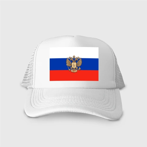 Кепка тракер с сеткой Герб России на фоне флага