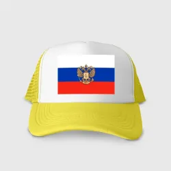 Кепка тракер с сеткой Герб России на фоне флага