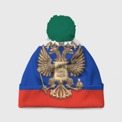 Шапка 3D c помпоном Герб России на фоне флага