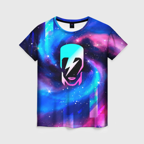 Женская футболка с принтом David Bowie неоновый космос, вид спереди №1