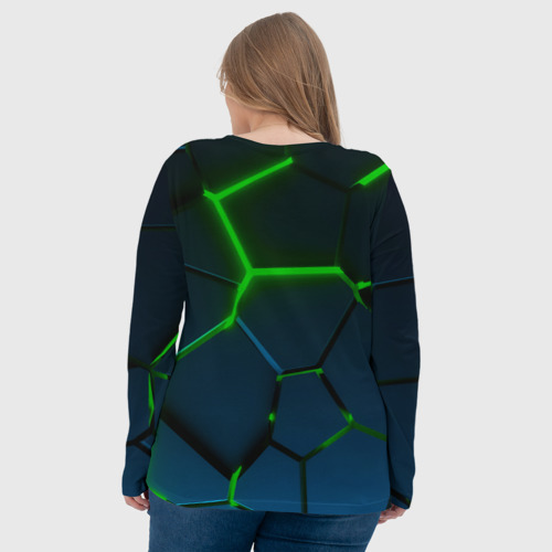 Женский лонгслив 3D с принтом Разлом зеленых неоновых плит - геометрия, вид сзади #2