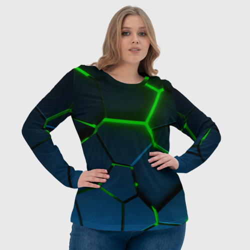 Женский лонгслив 3D с принтом Разлом зеленых неоновых плит - геометрия, фото #4