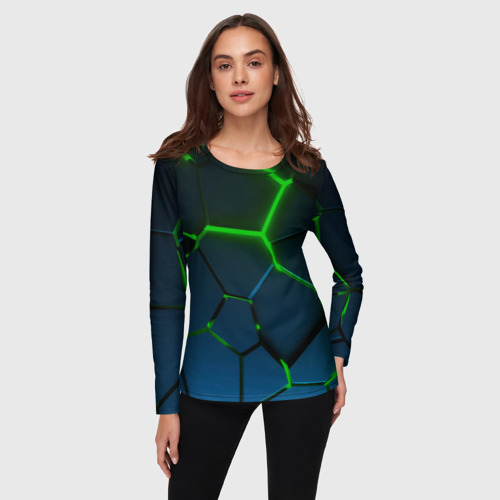Женский лонгслив 3D с принтом Разлом зеленых неоновых плит - геометрия, фото на моделе #1