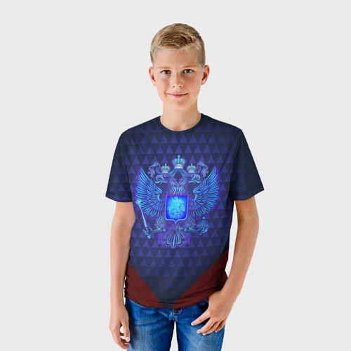 Детская футболка 3D с принтом Синий неоновый  герб России, фото на моделе #1