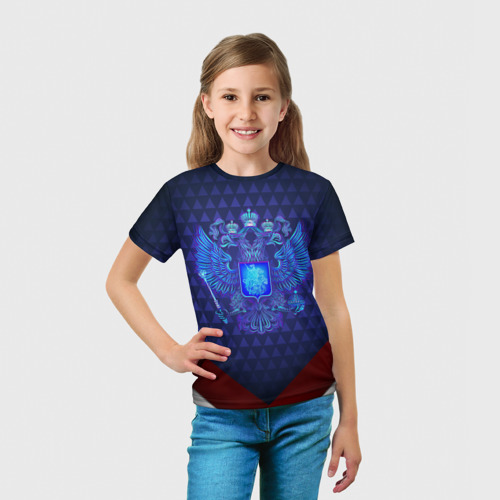 Детская футболка 3D с принтом Синий неоновый  герб России, вид сбоку #3