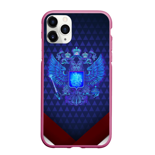 Чехол для iPhone 11 Pro матовый с принтом Синий неоновый  герб России, вид спереди #2
