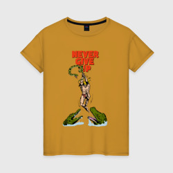 Женская футболка хлопок Не сдавайся никогда - Тарзан и крокодилы комикс
