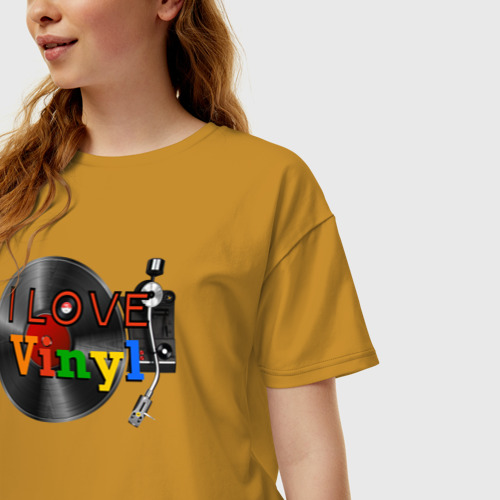 Женская футболка хлопок Oversize I love vinyl, цвет горчичный - фото 3