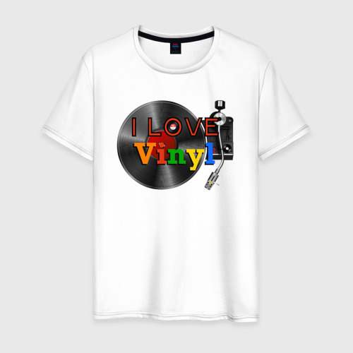 Мужская футболка из хлопка с принтом I love vinyl, вид спереди №1