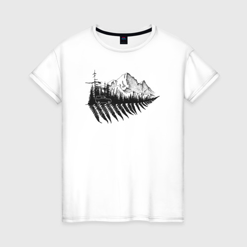Женская футболка хлопок с принтом Бездорожье, лес и горы, вид спереди #2
