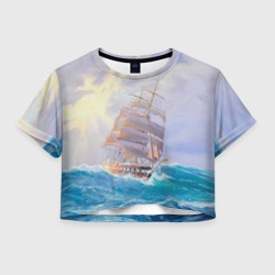 Женская футболка Crop-top 3D Фрегат в штормовом океане