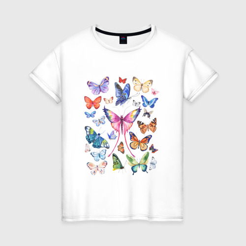 Женская футболка из хлопка с принтом Волшебные бабочки акварелью, вид спереди №1