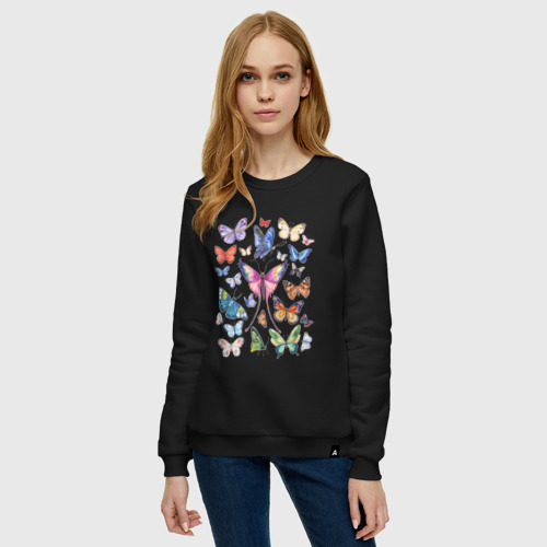 Женский свитшот хлопок Волшебные бабочки акварелью, цвет черный - фото 3