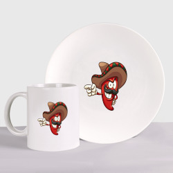 Красный перец в шляпе – Набор: тарелка + кружка с принтом купить