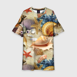 Детское платье 3D Морские раковины, кораллы, морские звёзды на песке - паттерн