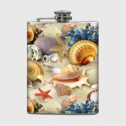 Фляга Морские раковины, кораллы, морские звёзды на песке - паттерн