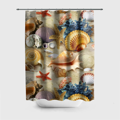 Штора 3D для ванной Морские раковины, кораллы, морские звёзды на песке - паттерн