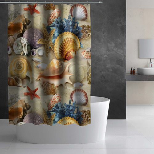 Штора 3D для ванной Морские раковины, кораллы, морские звёзды на песке - паттерн - фото 3