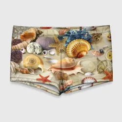 Мужские купальные плавки 3D Морские раковины, кораллы, морские звёзды на песке - паттерн