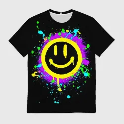 Мужская футболка 3D Смайлик - неоновые брызги