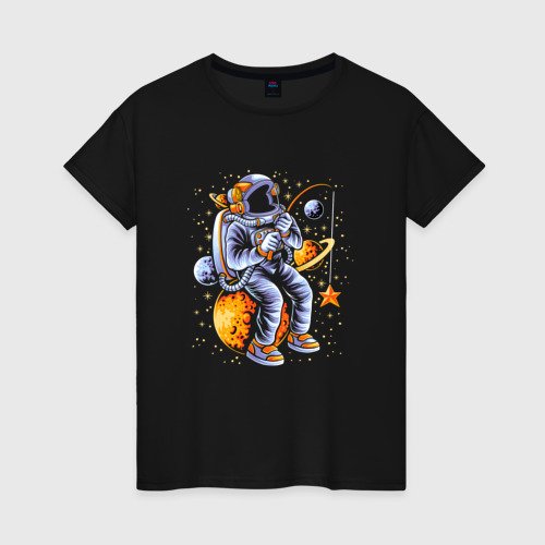 Женская футболка хлопок Космическая рыбалка, цвет черный