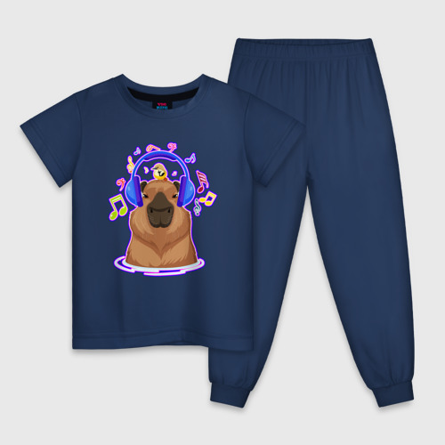 Детская пижама хлопок Музыкальная Капибара, цвет темно-синий